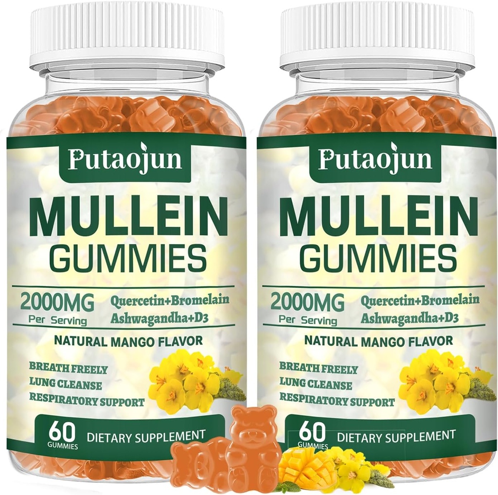 Mullein Gummies for Lungs  2000mg Mullein Leaf Extract for Respiratory &amp; Immune Support ← Pure Vegetarian Mullein Gummies Herbal ← Soft and Non Sticky ← Mango Flavor ← 2 Pack