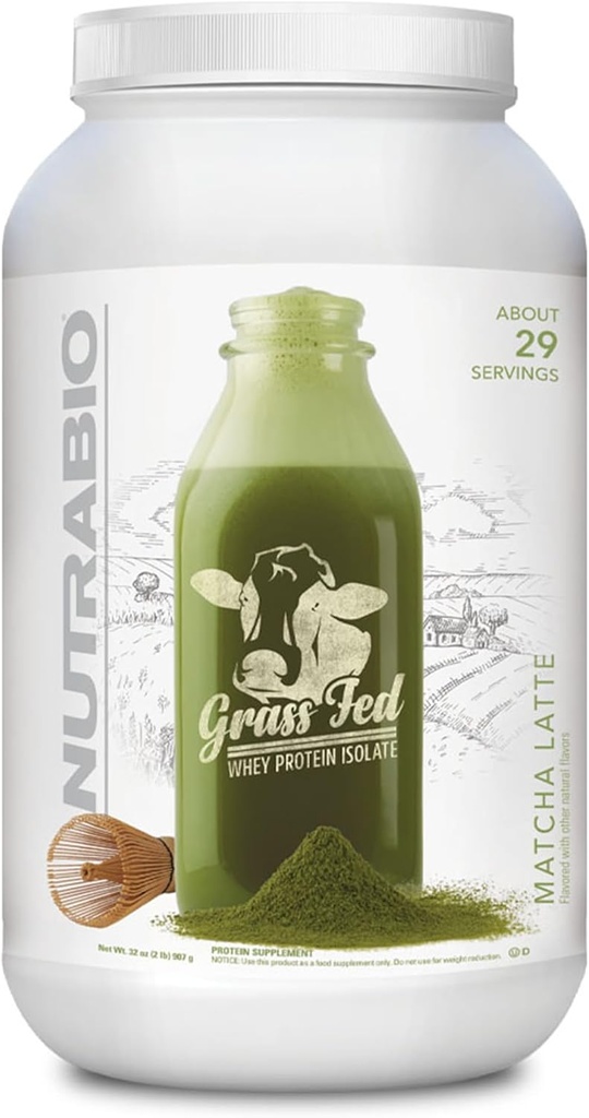 NutraBio Grass Fed Whey Isolate Protein Powder - 25G de Protein Por Scoop - Sugar Free Natural Lean Muscle Protein Suplemento - Matcha Latte - 2 libras, 29 piezas