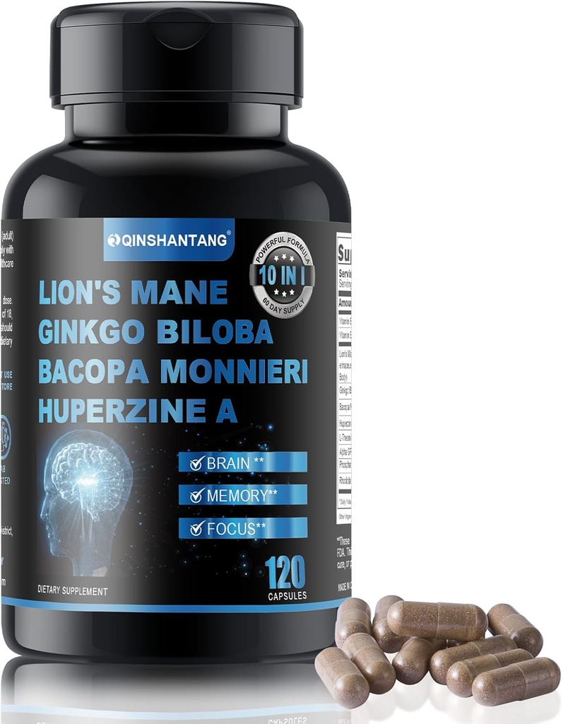 Suplemento Mane de León Capsules " Bacopa Monnieri-120 Capsules Mane Mushroom Blend de León, 10 en 1 para la memoria mejorada, el enfoque y el apoyo cerebral