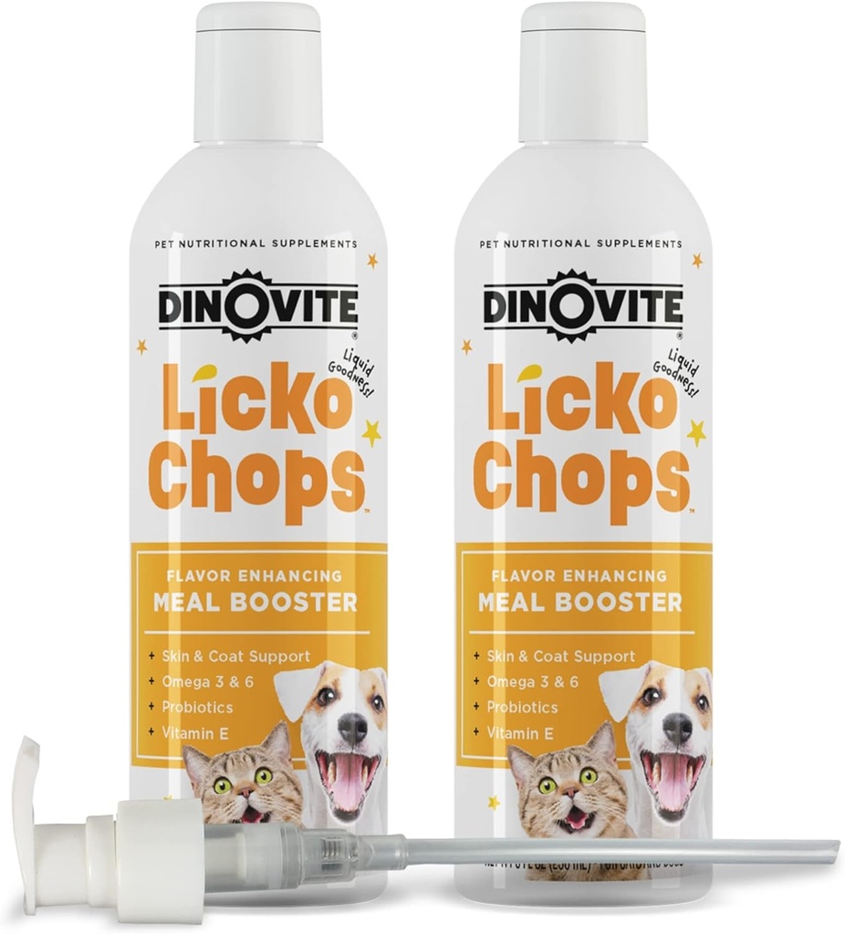 Lickochops dinovitos para perros &amp; gato suplemento mejorado con Omega-6, 3 ácidos grasos, Probióticos y vitamina E, 16 oz con bomba