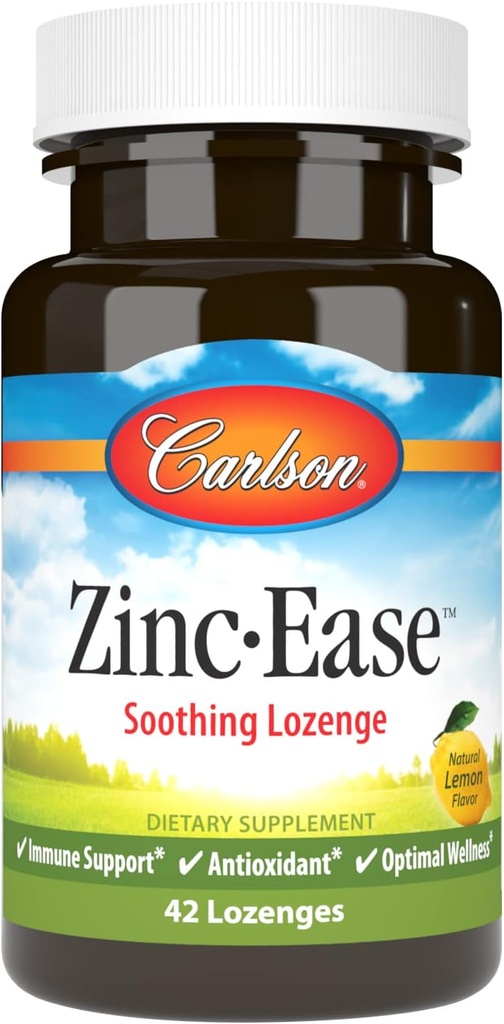 Carlson - Zinc-Ease, Soothing Lozenge, Immune Support &amp; Optimal Wellness, Antioxidant, Lemon, 42 Lozenges