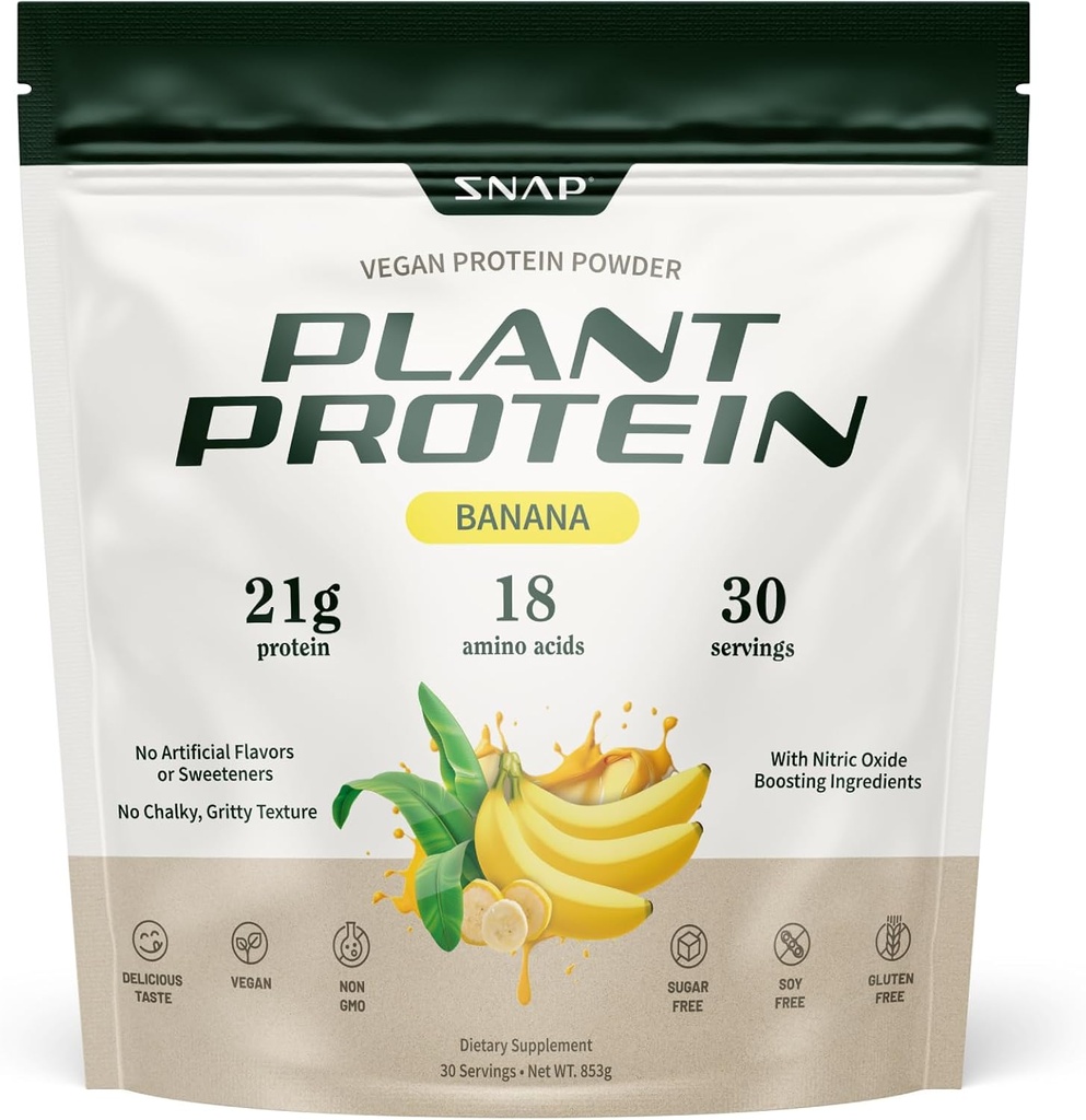 Snap Supplements Organic Plant Based Vegan Protein Powder Nitric Oxide Boosting Protein Powder, BCAA Amino Acid for Muscle Growth, Performance &amp; Recovery - 30 Servings (Banana)