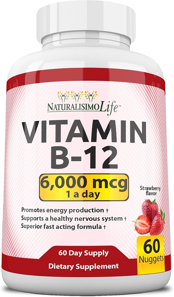 NaturalisimoLife Vitamina B12 6.000 mcg – Quick Dissolve Strawberry Flavor Nuggets – 60 Nuggets, Non-GMO, Vegan, Gluten Gratis