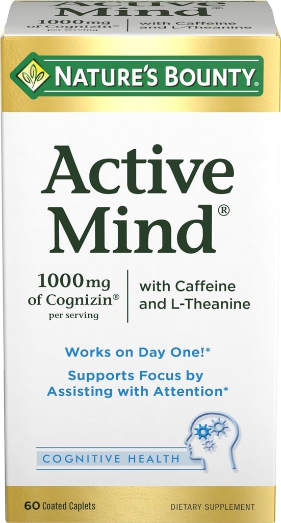 Suplemento dietético de Bounty Active Mind, apoya el enfoque y la atención, 1000 mg Cognizin con L-Theanine y Caffeine Pills, 60 cápsulas