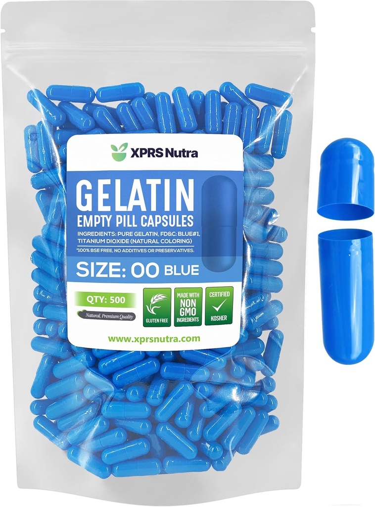 XPRS Nutra Size 00 Empty Capsules - 500 Count Empty Gelatin Capsules - Pills DIY Capsule Filling - Fillable Pill Gel Caps for Do-It-youself Supplements (Blue)