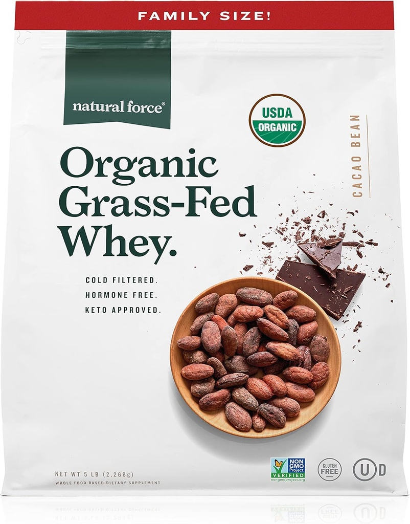 Natural Force Whey Protein Powder – Chocolate, 5 libras – Grass Fed Organic, Pure, Keto & Paleo Friendly, Low Carb, Kosher, Non GMO – Family Size A2 Protein