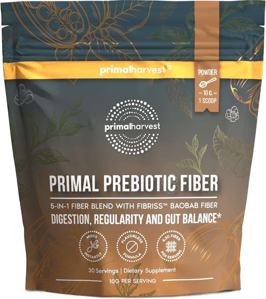 Primal Harvest Prebiotic Fiber Powder Desarrollado, 30 Serviciones 5 en 1 Suplemento diario con Acacia orgánica y Fibriss Organic Baobab Powder.