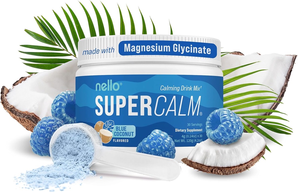 Nello Supercalm Powdered Drink Mix, Blue Coconut, L Theanine, Ksm-66 Ashwagandha, Magnesium Glycinate, Vitamina D 3, Suplementos para la relajación & Focus, No Sugar, No GMO, On The Go, 30 Srvgs
