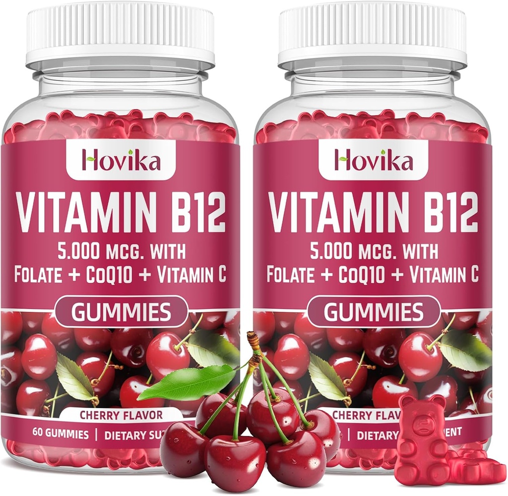Vitamina B12 Complejo 5000 mcg Metil B12, Adenosyl B12 & Hydroxy B12, con Coenzima Q10, Folate, Vitamina C, Chewable B 12 para soporte energético, metabolismo, salud ósea - sabor cereza, 2 Pack
