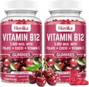 Vitamina B12 Complejo 5000 mcg Metil B12, Adenosyl B12 & Hydroxy B12, con Coenzima Q10, Folate, Vitamina C, Chewable B 12 para soporte energético, metabolismo, salud ósea - sabor cereza, 2 Pack