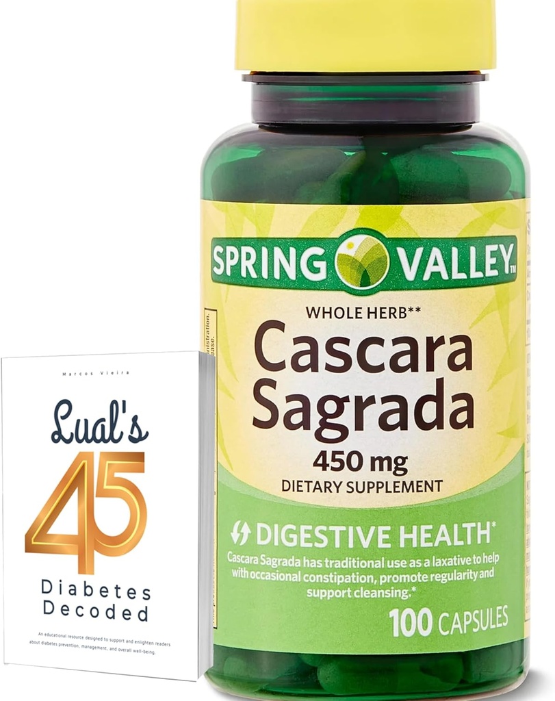 Cascara Sagrada 450mg. Spring Valley Cascara Sagrada 450mg 100 Cuenta, Whole Herb Cascara Sagrada Salud Digestiva Suplemento dietético Capsules Bundle con 45 Diabetes de Luall Decodificado