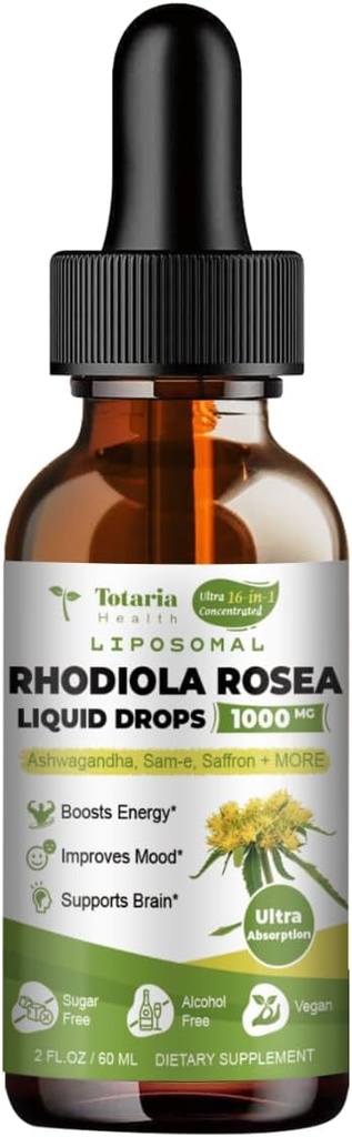 Totaria Liposomal Rhodiola Rosea Tincture 16 en 1, w/Ashwagandha, L-Theanine, Saffron, Ultra Strength Rhodiola Rosea Ashwagandha Cortisol Liquid, Natural Flavor