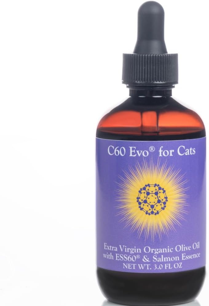 Aceite de oliva ESS60 para gatos - Aceite de oliva virgen extra orgánica, puro C60 ESS60 (.8 mg/mL) " Esencia de salmón natural para apoyar la flexibilidad de sus gatos, energía, inmunidad, longevidad - 3 oz