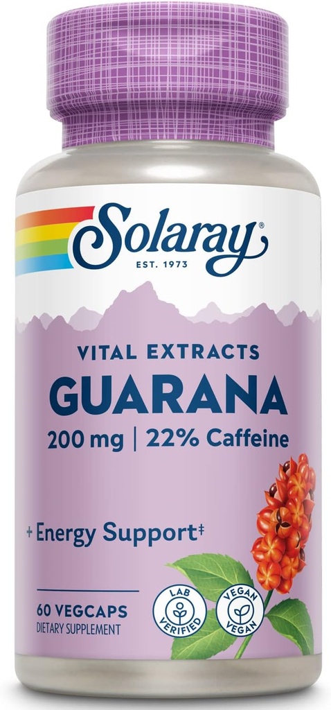 SOLARAY Guarana Seed Extract 300mg TENIDO 44 mg de Caffeine TENIDO Energía saludable, Focus, Memory &amp; Metabolism Support TEN 60 VegCaps