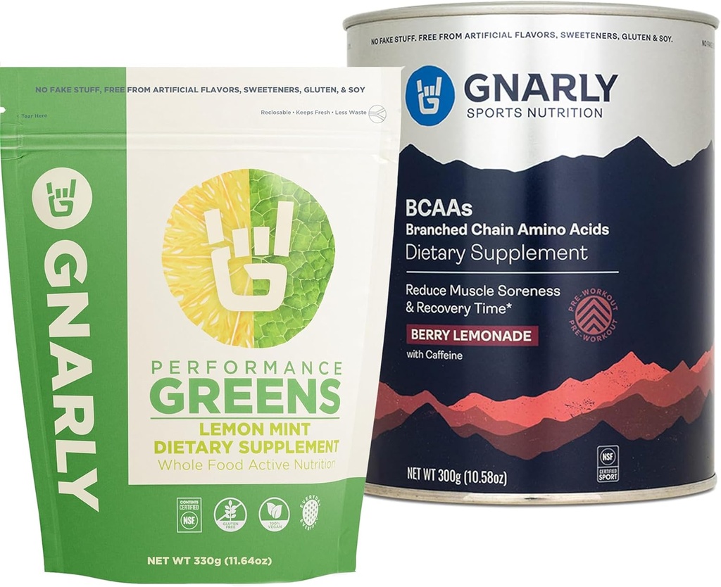 Gnarly Nutrition BCAAs Berry Lemonade (10.58oz) Performance Greens Lemon Mint (11.64 oz)