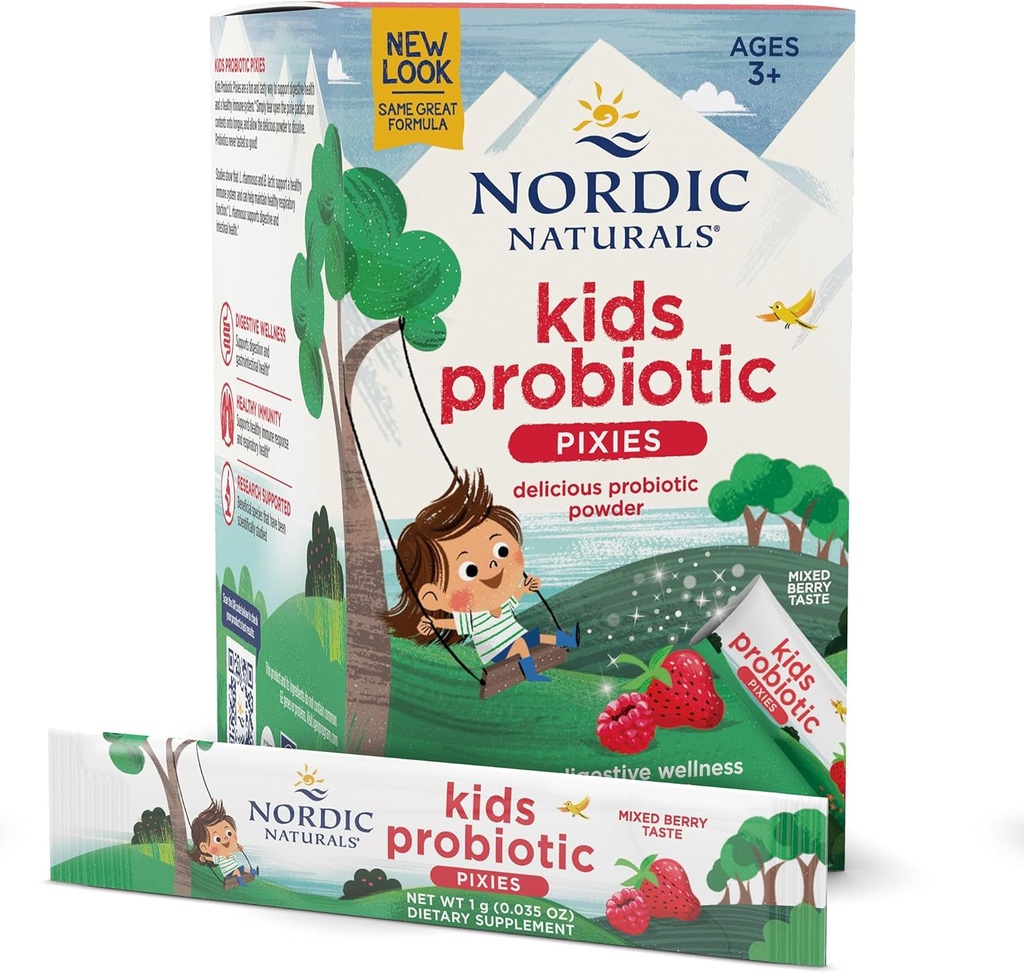 Píxies Probióticos para Niños Naturales Nórdicos, Berry mixto - 30 Packets - 3 Billones CFU - Bienestar Digestivo, Soporte Inmunitario - No GMO, Vegan - 30 Servimientos