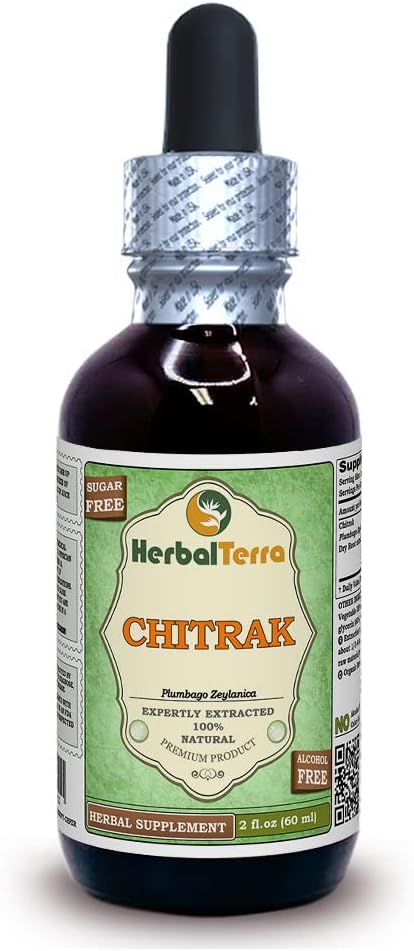 Chitrak (Plumbago Zeylanica) Extracto líquido sin alcohol (Marca: HerbalTerra, Proudly Made in USA) 2 oz