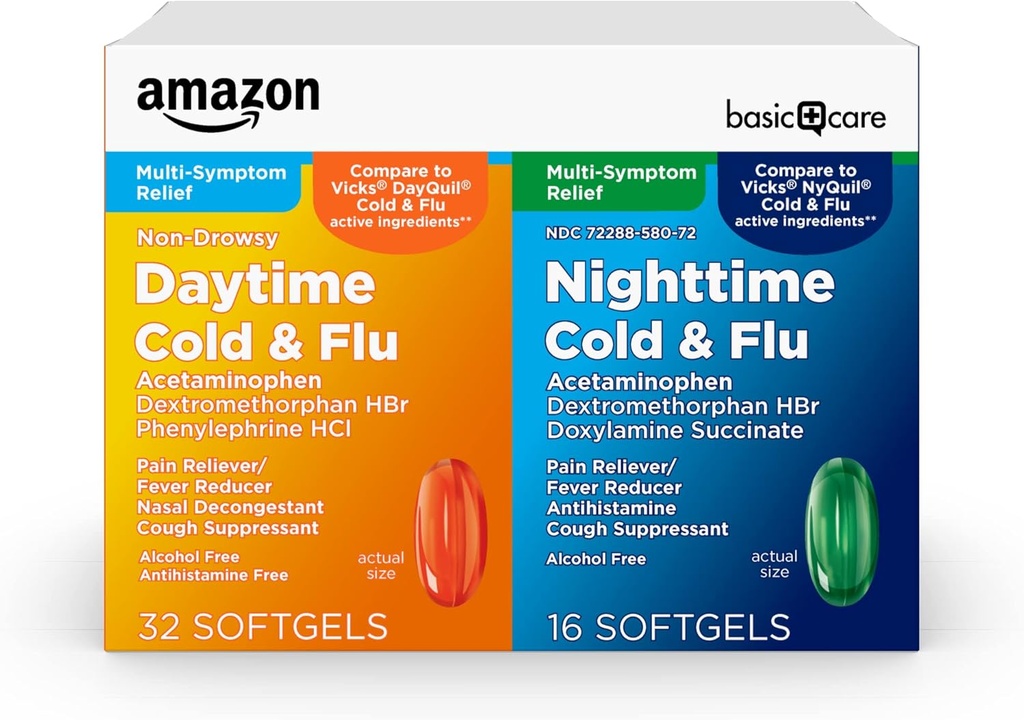 Cuidado básico de frío y alivio de la gripe, día y noche Combo Pack Softgels, potente medicina fría para el día y la noche Multi-Symptom Relief, 48 Conde(Pack of 1)