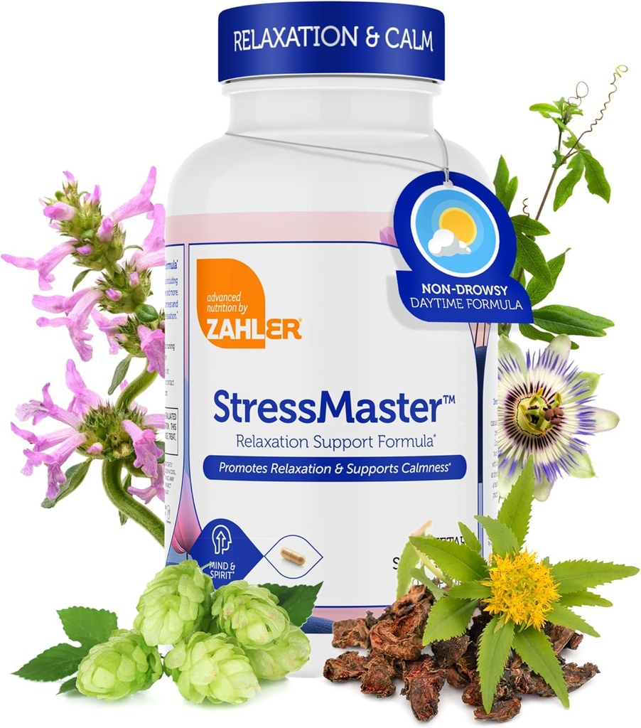 Zahler StressMaster – Relajación Natural & Calm Mood Support Fórmula – Valerian, Pasionflower, Rhodiola, GABA plagaL - Theanine Supplement for Women and Men – Kosher Gluten Free Non-GMO (120Capsules)