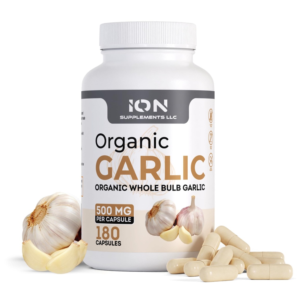Ion Supplements | Herbal Organic Whole Bulb Garlic Capsules | 500 mg per Cap, 180 Caps | No Fillers or Flow Agents | 100% Natural Roots