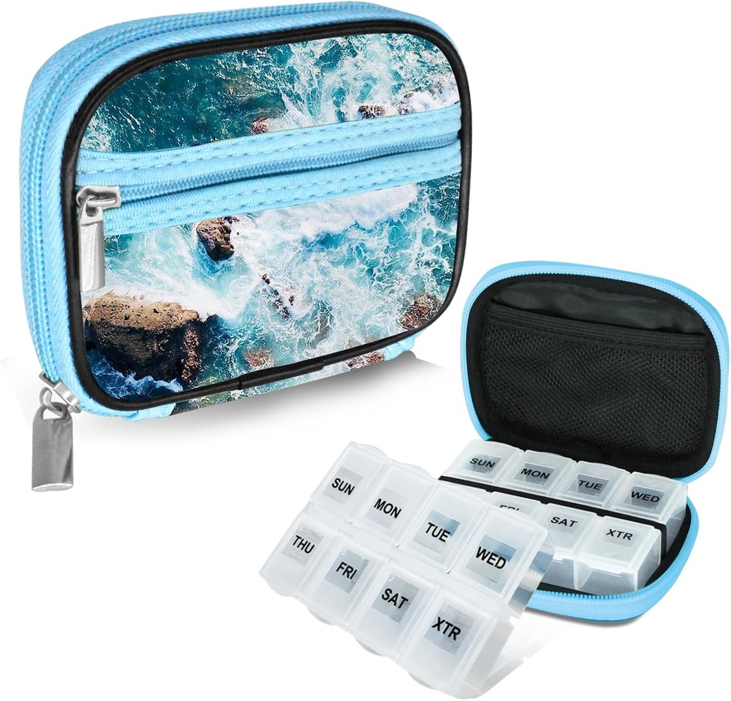 Serfeymi Caja de píldoras de viaje semanal para fines con caja extraíble de 7 días, caja de píldoras de viaje de moda Organizador de píldoras para la medicina, vitamina, suplemento - azul 03 + caja de píldoras