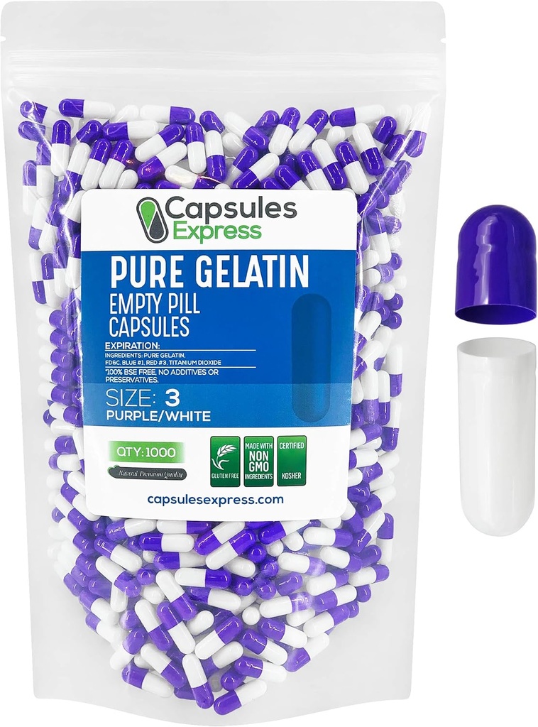 XPRS Nutra Size 3 Empty Capsules - 1000 Conde Empty Gelatin Capsules - Pills DIY Capsule Filling - Pure Bovine Pill Gel Caps Fillable for Do-It-Yourself Vitamins and Supplements (Purple/White)