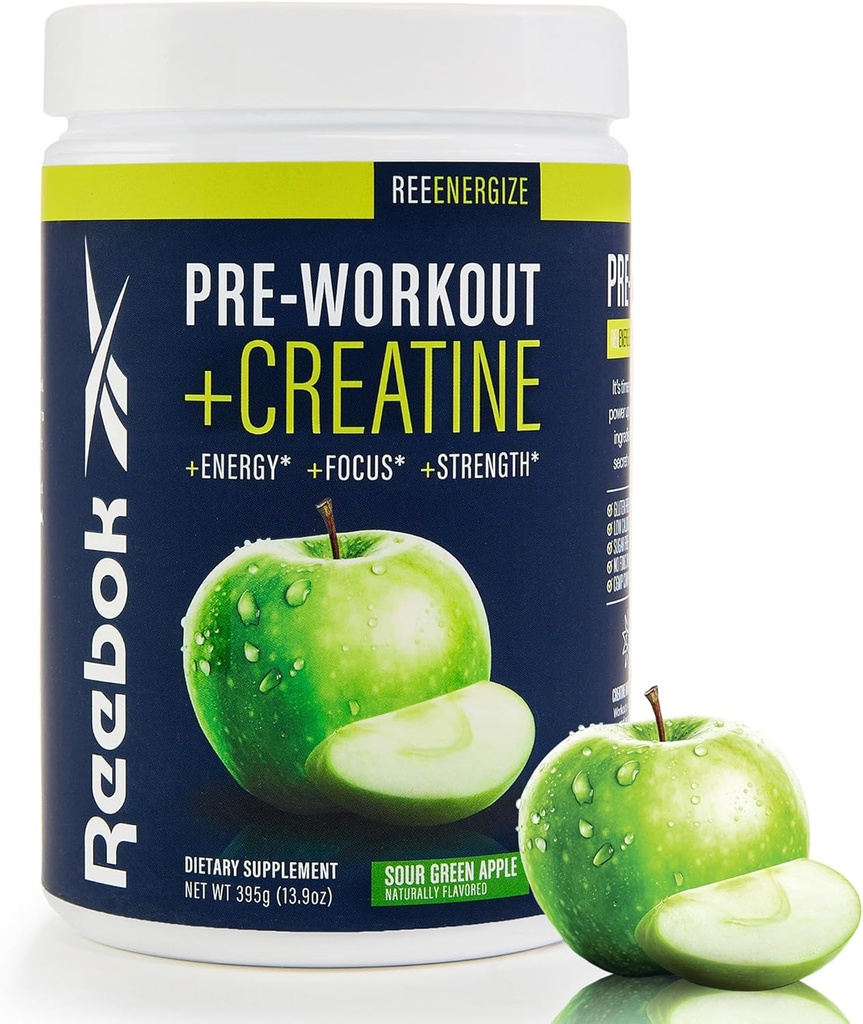 Reebok Pre-Workout Powder  200mg Natural Caffeine, 3g Creatine Monohydrate Silencio Clean Energy Pre Workout for Strength, Focus &amp; Pump ← Informed-Sport Certified ← ReeEnergize Silencio Green Apple