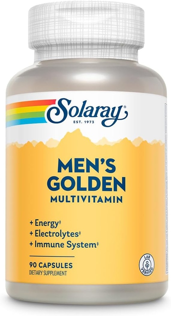 SOLARAY Multivitamínicos Dorados para Hombres TENIDO Electrolitos, Inmunidad, Prostata, Energía TENIDO Vitaminas A, C, E, B1, B2, B6, B12, Vitamina D, Calcio TENIDO 90ct, 30 Serv.