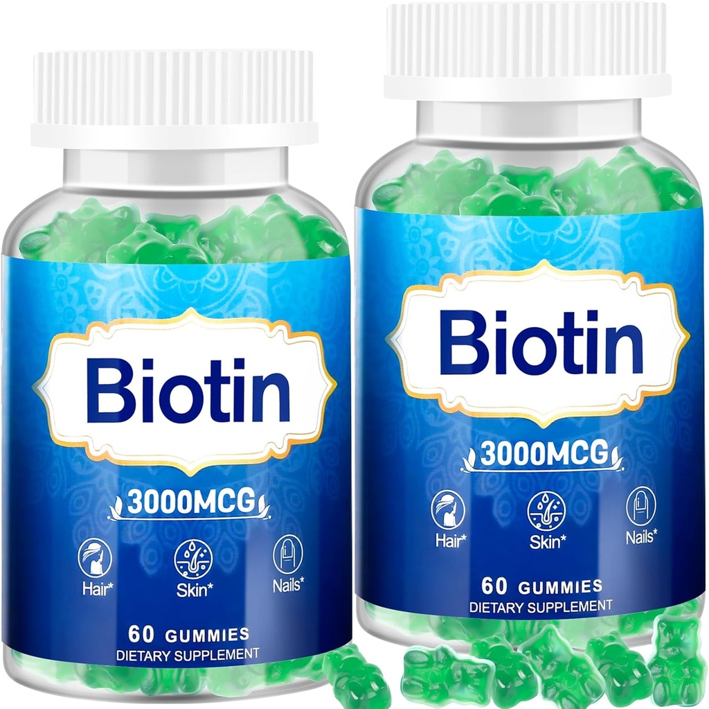 Piel de pelo y uñas Gummies, 2 Pack High Potency Hair Vitamin for Women, Men &amp; Kids, Vitamin D &amp; E,B16,B12, Biotin Gummies for Hair Growth, Skin, and Stronger Nails