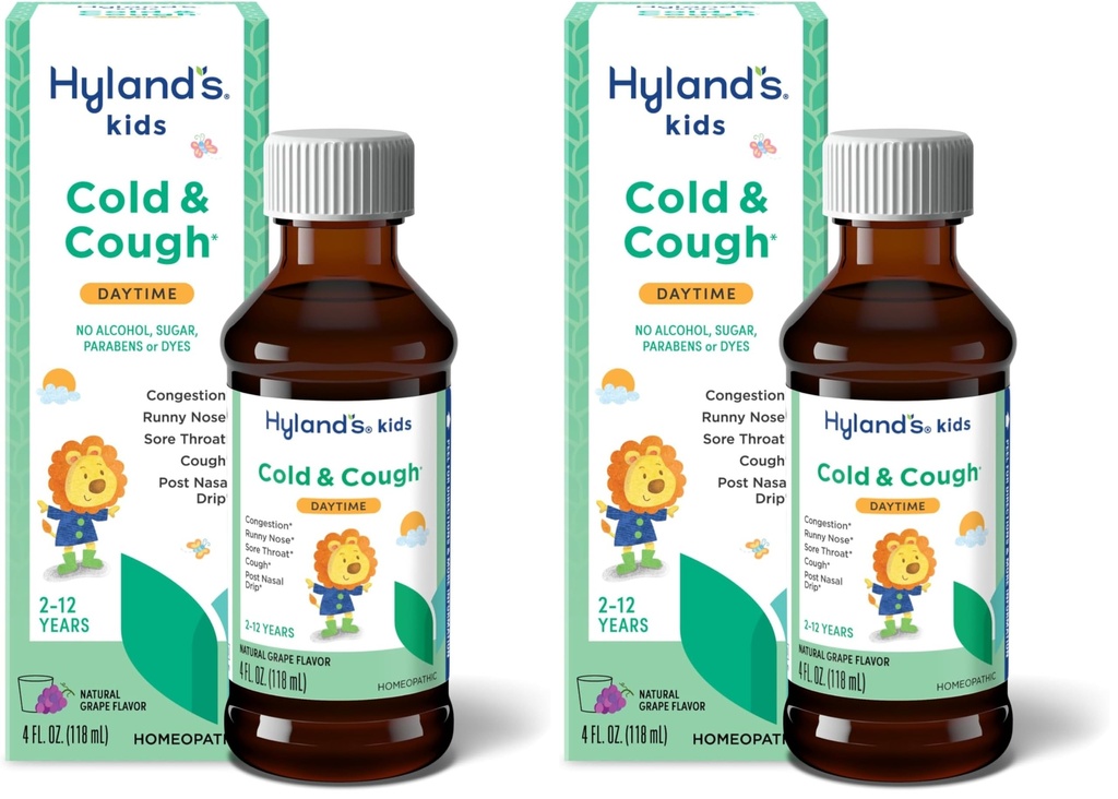 Hiland's Naturals Kids Cold ' Cough, Daytime Grape Flavor Cough Syrup Medicine for Kids Ages 2+, Decongestant, Sore Throat &amp; Allergy Relief, Natural Treatment for Common Cold Symptoms, 4 Fl Oz