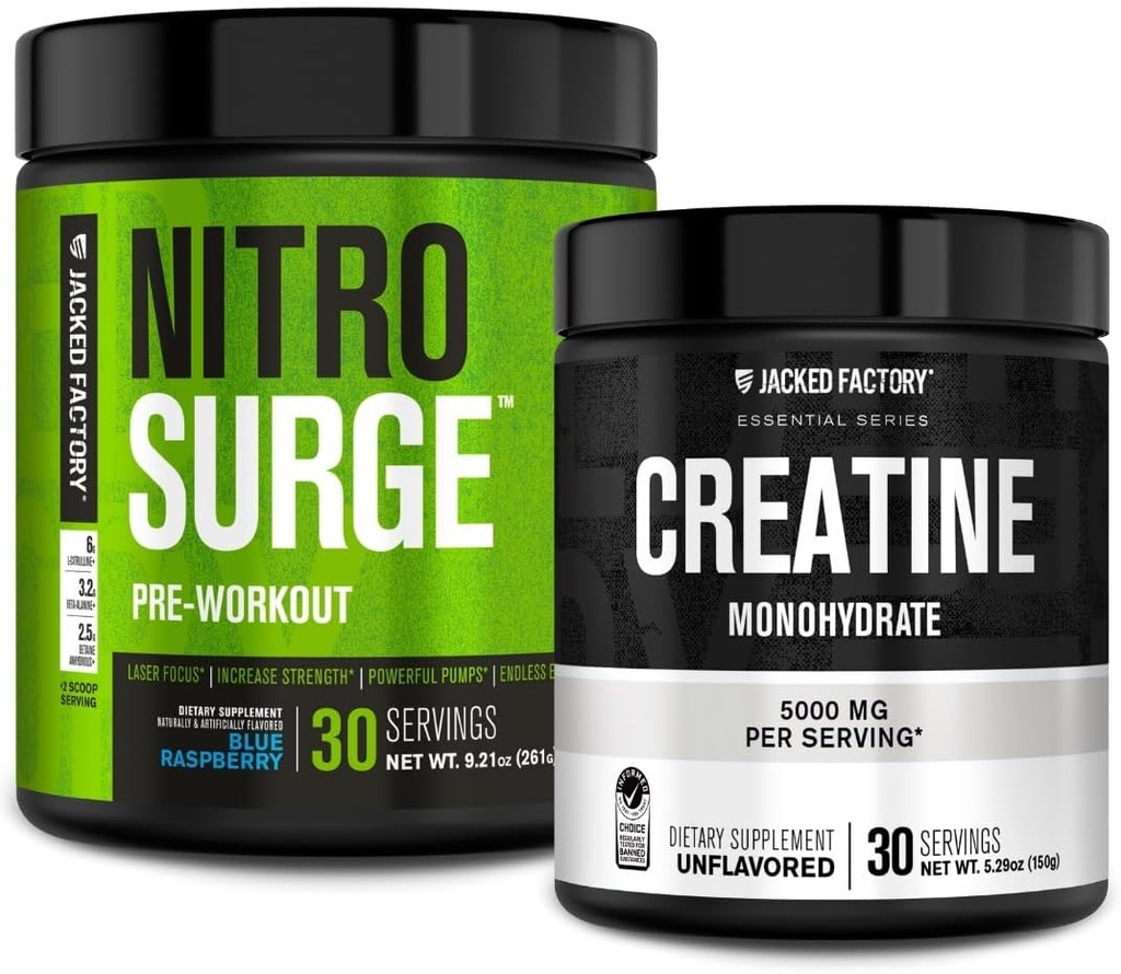 Jacked Factory NITROSURGE Pre Workout Supplement (Blue Raspberry) Creatine Monohydrate Powder 150g for Muscle Growth, Increased Strength, Enhanced Energy