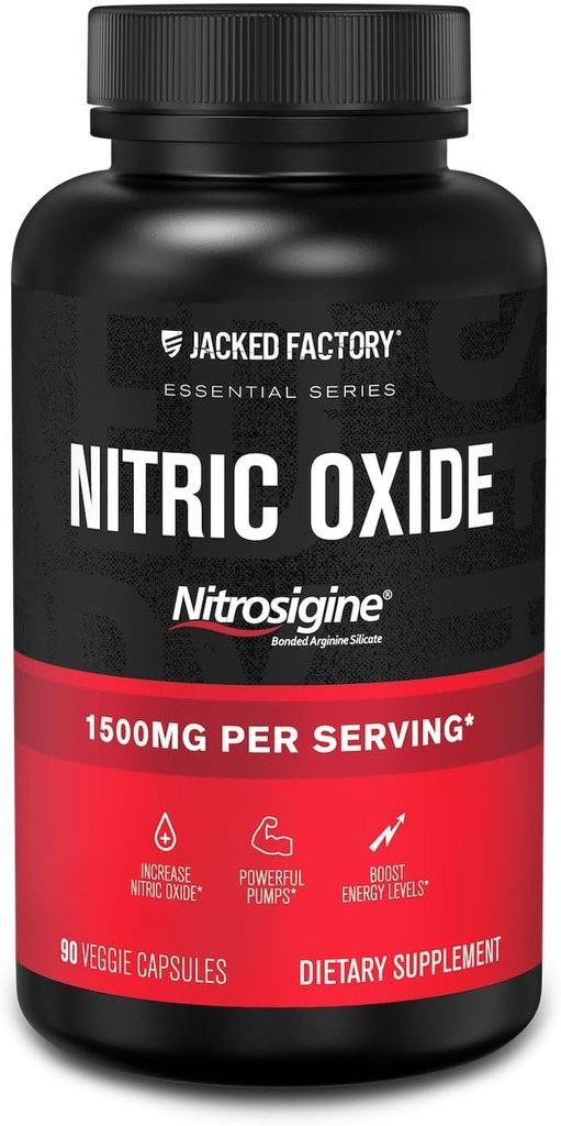 Fundamentos de fábrica de Jacked Booster de óxido nítrico - Patented L-Arginine Silicate 1500mg Pre Workout Suplemento para el crecimiento muscular, bombas, vascularidad y energía - 90 píldoras vegetarianas