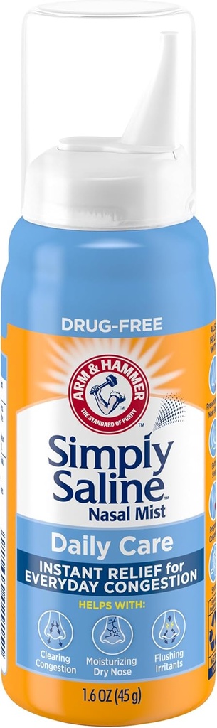 ARM & HAMMER Sencillamente Saline Daily Care Nasal Mist, Drug-Free Non-Drowsy Saline Spray for Instant Nasal Congestion and Allergy Relief, Use tan a menudo como se necesita, Apto para usar si embarazada, 1.6 oz