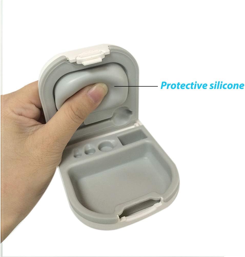 Caso de ayuda auditiva con almacenamiento de batería Ranura de almacenamiento duro pequeño 0.59"*2.44"*1.57",Silicone Cushion, para ITE, BTE Hearing Aids (White)