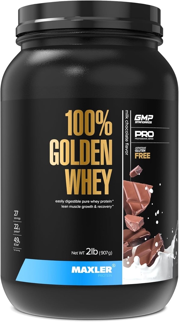 Maxler 100% Golden Whey Protein - 22g Protein por Serving - Premium Whey Protein Powder para Pre Post Workout - Fast-Absorbing Whey Concentrate Isolate & Hydrolysate Blend - Milk Chocolate Protein 2 lb
