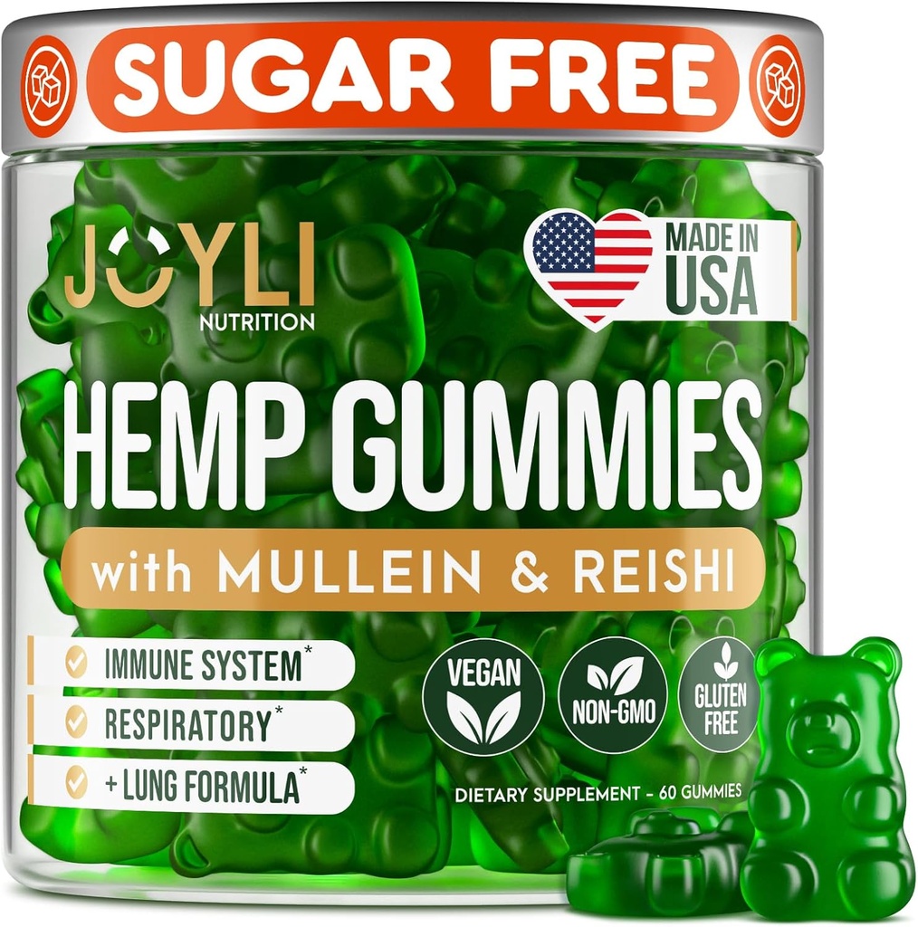 JOYLI Hemp Gummies - Natural Lung Cleanse with Mullein Leaf & Reishi Mushroom - Extra Strength Clean Lung Support Supplement with Vitamins A, C, D &amp; E - Sugar-Free, Vegan, Non-GMO - 60 Edibles