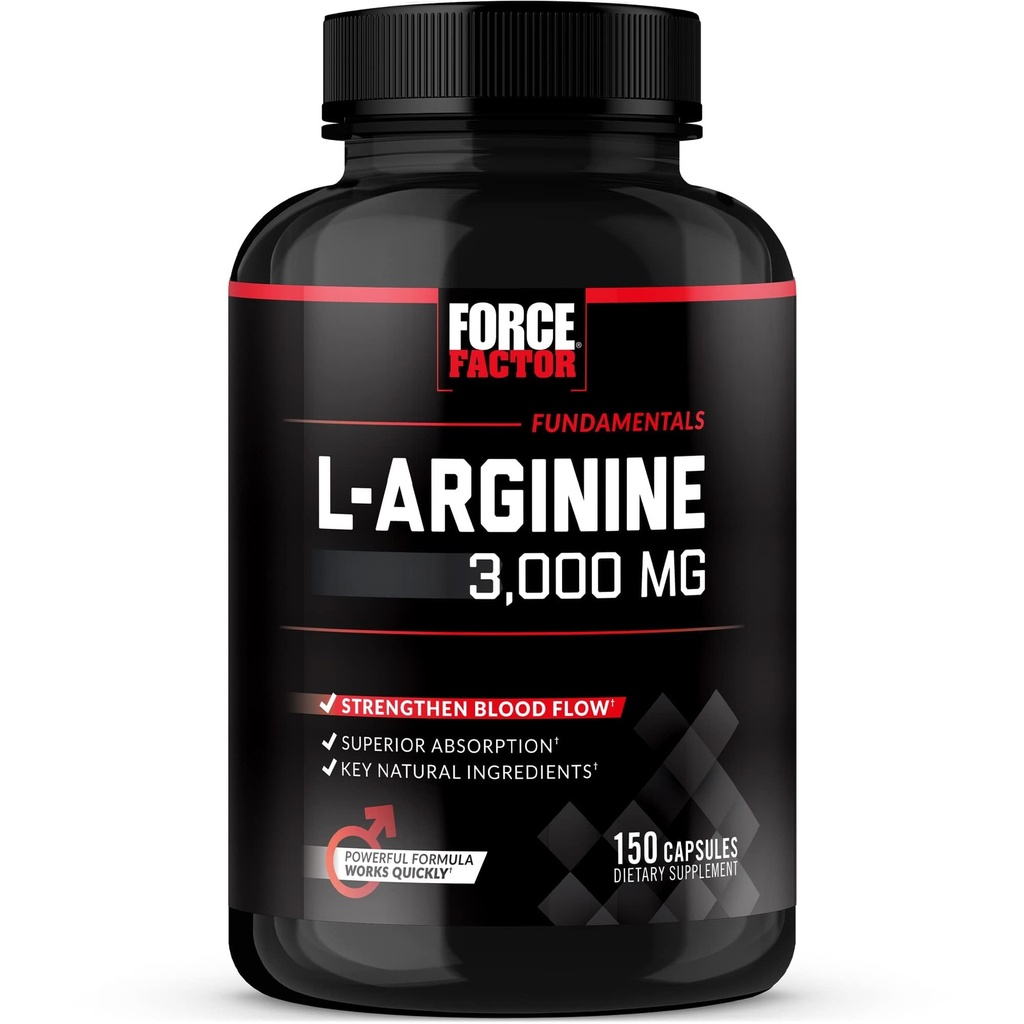 FORCE FACTOR L-Arginine Nitric Oxide Suplemento con BioPerine para ayudar a construir músculo y apoyar más fuerte flujo de sangre, circulación, entrega de nutrientes y bombas, L-Arginine 3000mg, 3g, 150 cápsulas