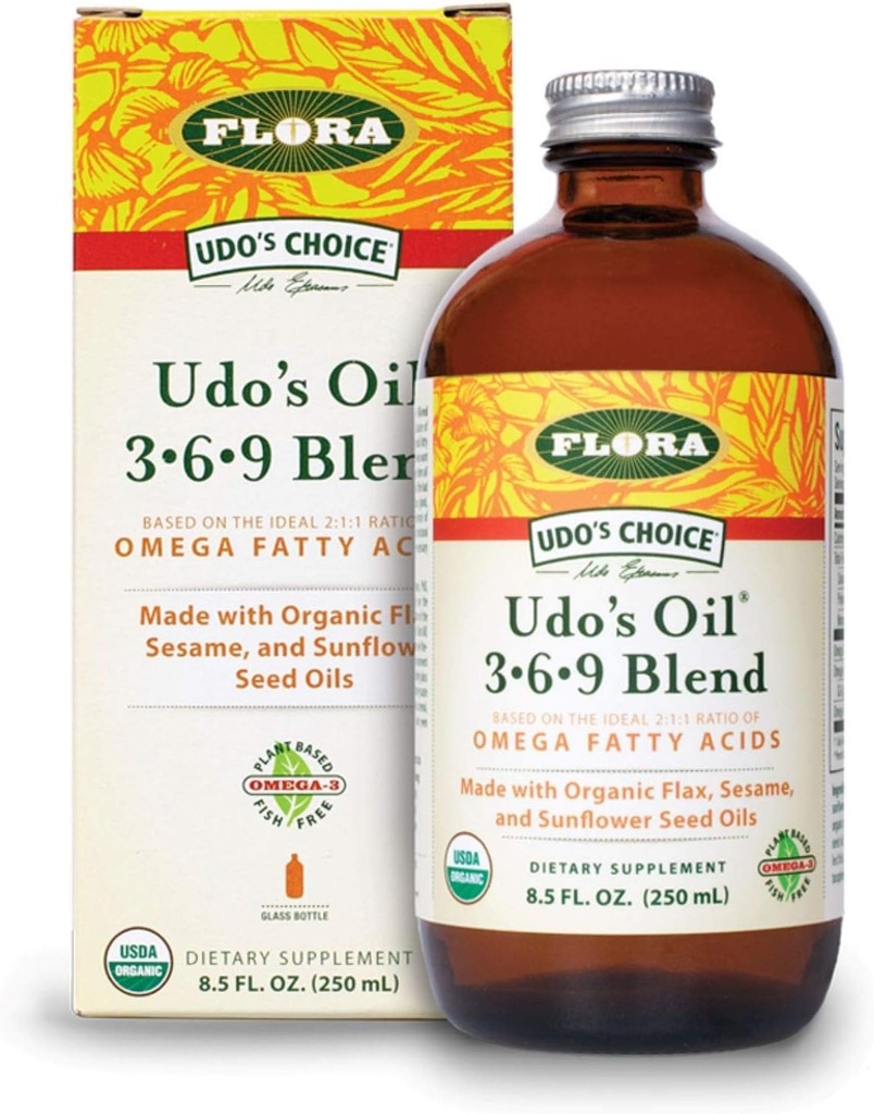 Flora - Udo's Choice Omega 369 Oil Blend, Made with Organic Flax, Sesame &amp; Sunflower Seed Oils, Plant-Based Vegan Omega Fatty Acids, Basado en Ideal 2:1:1 Ratio, 8.5-fl. oz. Botella de vidrio