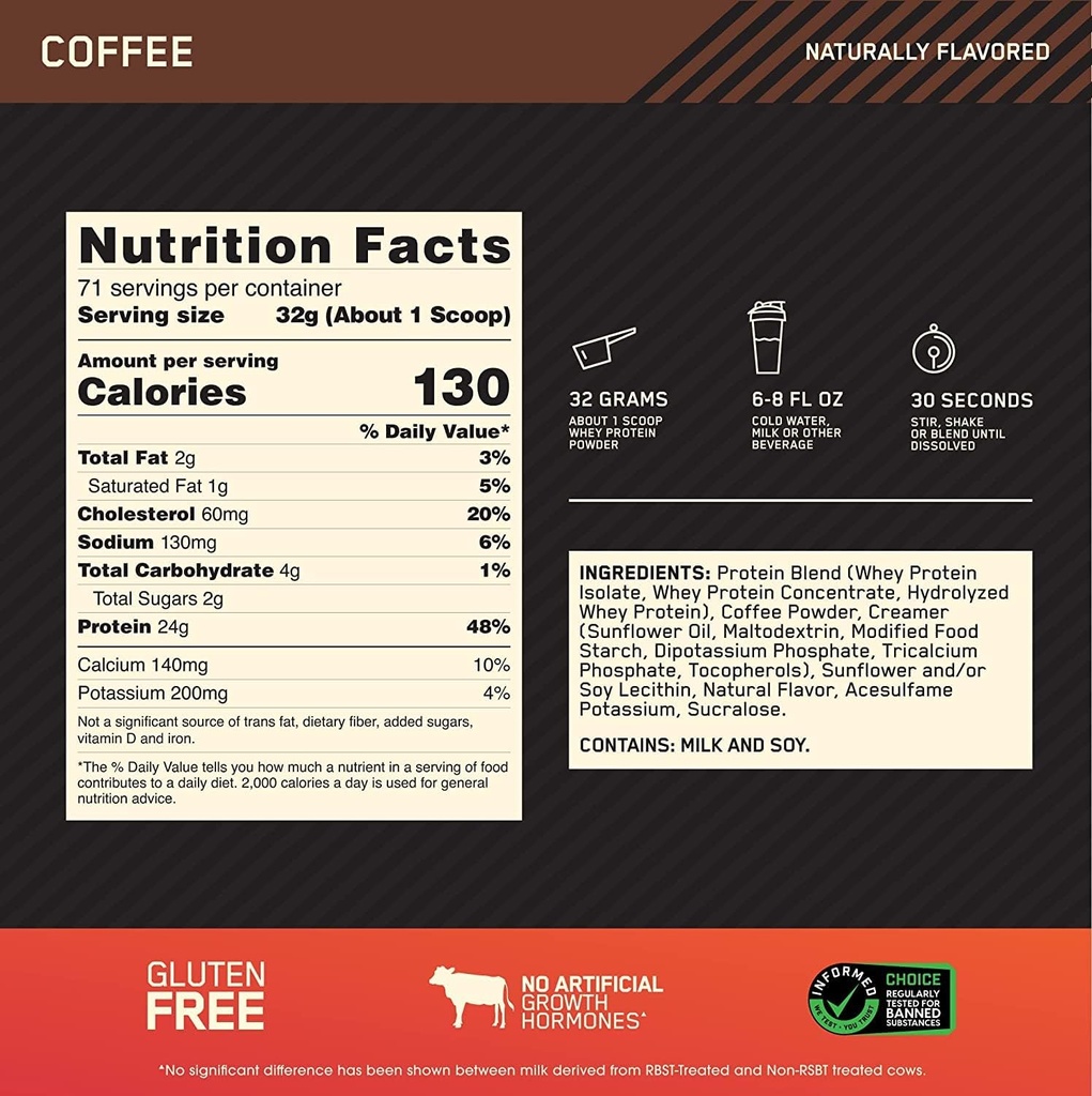 OPTIMUM NUTRITION GOLD STANDARD 100% Whey Protein Powder, Café, 5 libras