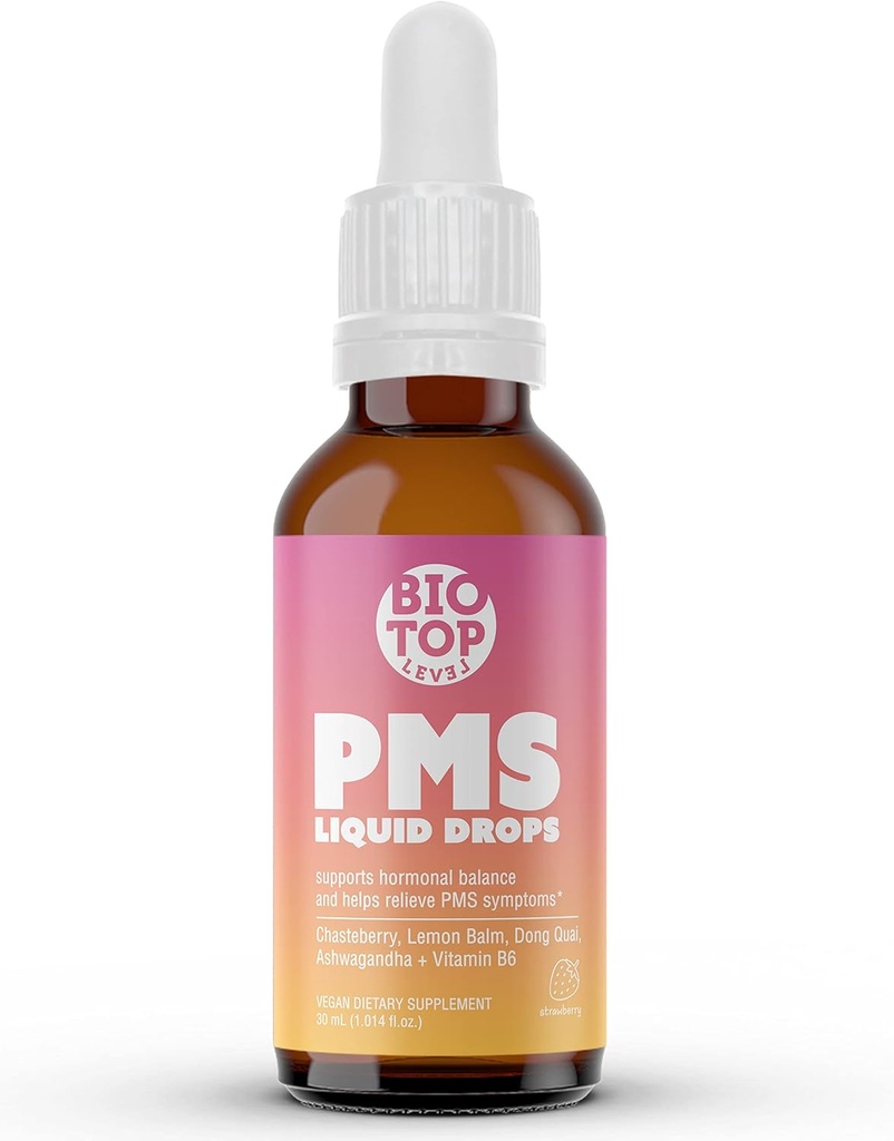 Saldo de hormonas de alivio PMS Mujeres gotas líquidas, calambres menstruales, Bloating, " Mood Swings Relief with Chasteberry, Vitamin B6, Lemon Balm, Dong Quai, Ashwagandha, Sugar-Free, 1 fl oz