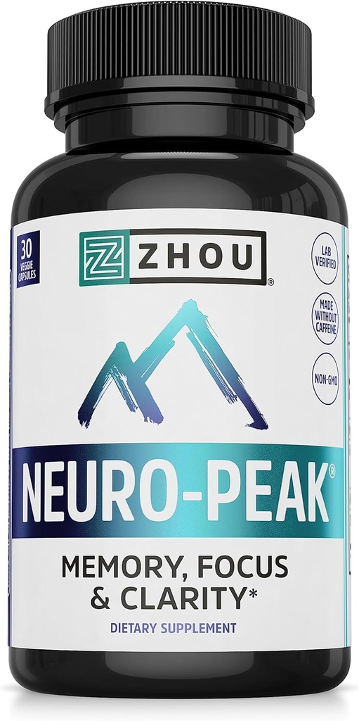 Zhou Neuro-Peak - Suplementos cerebrales para la memoria y el foco, Nootropic for Men ' Women, Pill de apoyo cerebral para adultos, vitaminas cerebrales - 30 cápsulas vegetales (Pack of 1)
