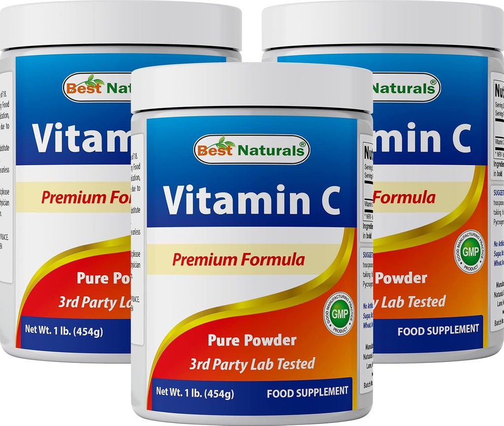 Mejores Naturales 100% Puro Vitamina C Powder No GMO 1 lb (454 gramos) Polvo (también llamado ácido ascórbico) (1 LB (Pack of 3))