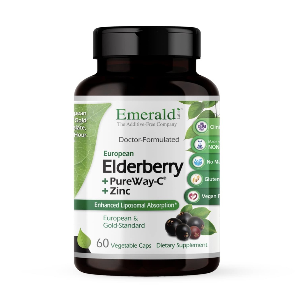 EMERALD LABS Elderberry Plus - Digestive & Immune Support with European Elderberry Extract, Vitamin C as PureWay-C & Albion Chelated Zinc - Vegan & Gluten-Free - 60 Vegetable Capsules (30-Day Supply)