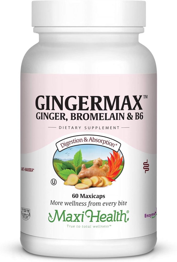 Maxi Health Gingermax - Ginger - Bromelain &amp; Vitamin B6 - Digestion Health - 60 Capsules - Kosher
