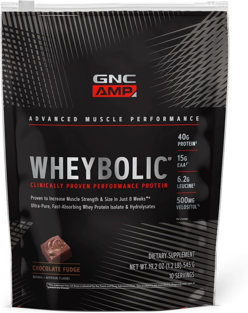 GNC AMP Wheybolic Clinically Protein Powder, 40g Whey Protein, BCAA, Leucine, Aumenta la fuerza muscular, el edificio del músculo, 3er partido testado, Chocolate Fudge, Gluten Free, 10 servientes