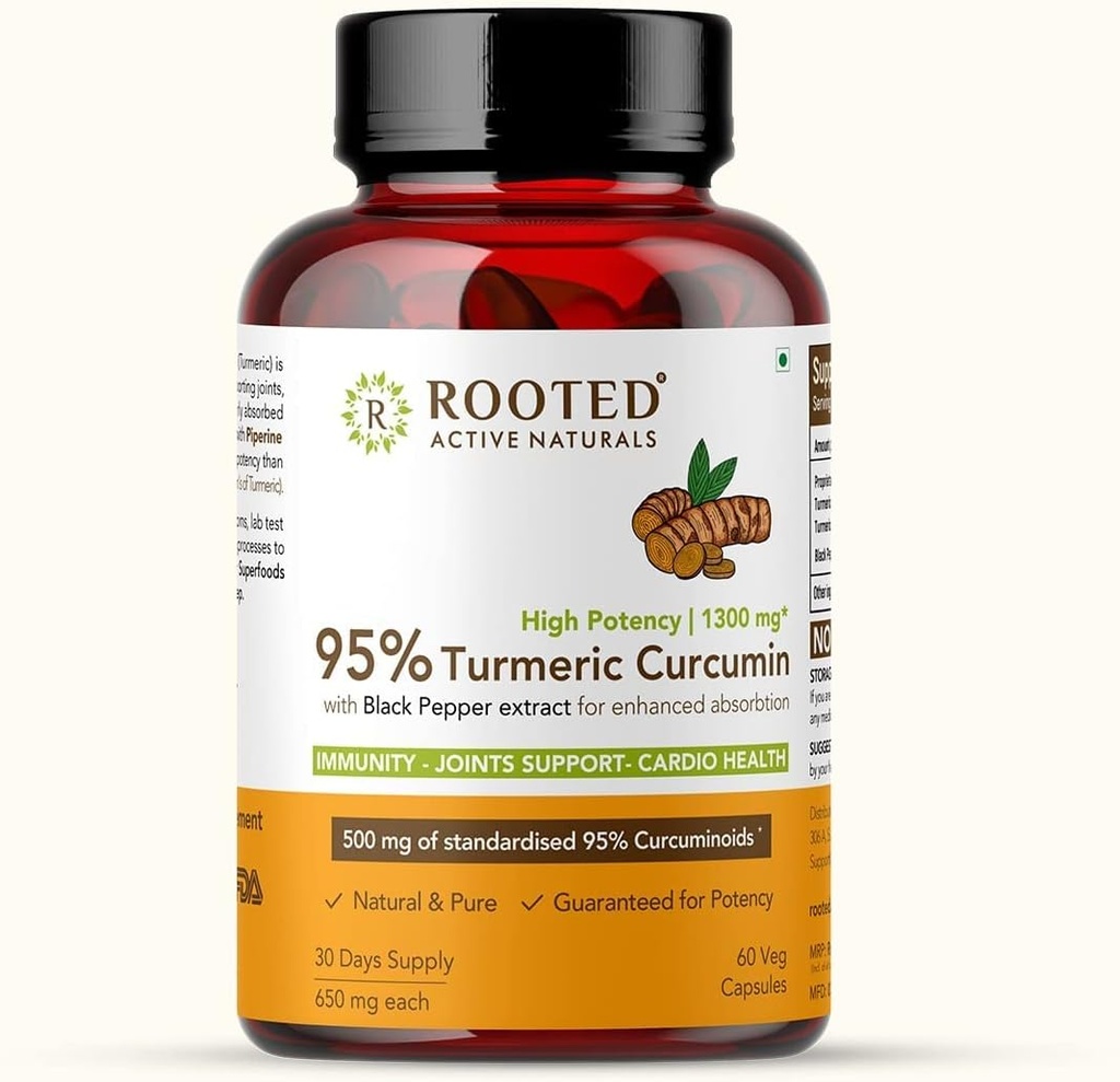 Curcumina (95%) con Extracto de Pepper Negro (para una mejor absorción),1300 mg, para la inmunidad, salud de las articulaciones TEN 60 cápsulas de Veg, 650 Mg Cada