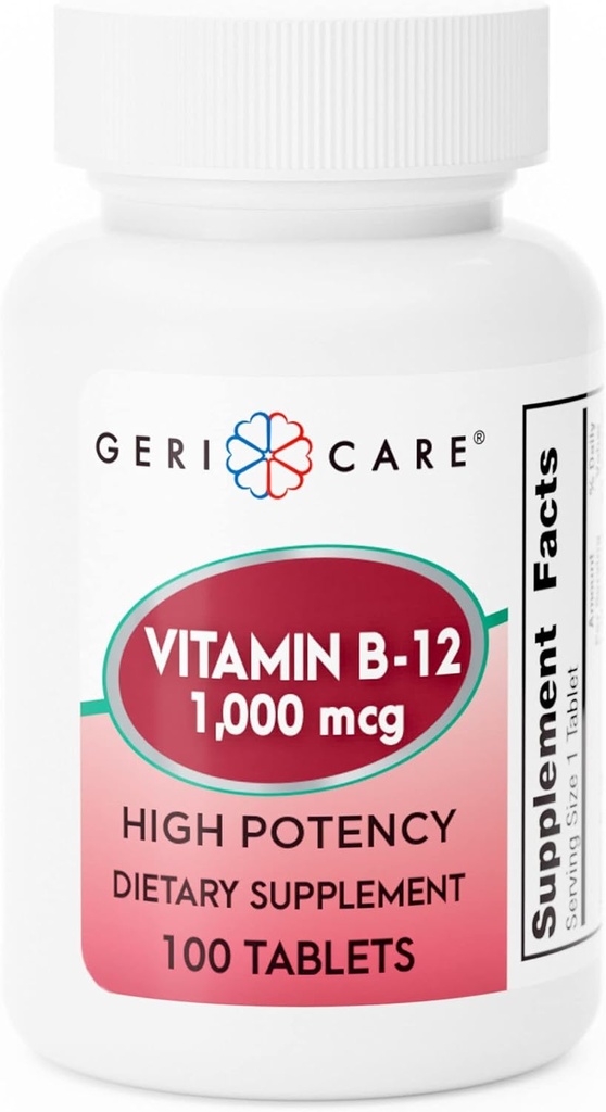 GeriCare Vitamina B-12 1000mcg Tablas de alta potencia, Suplemento dietético Premium para el consumo de energía, el apoyo a la salud cerebral y el mantenimiento de un sistema nervioso saludable 100 Cuenta (Pack of 1)