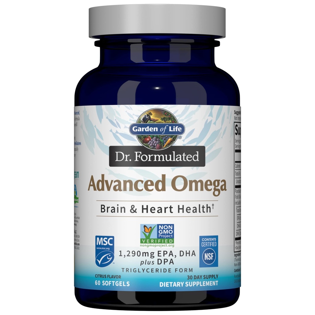 Garden of Life Dr. Formulated Advanced Omega Fish Oil - Lemon, 1.290mg EPA, DHA + DPA en Triglyceride Form, Single Source Omega 3 Suplemento para Ultimate Brain & Heart Health, Non-GMO, 60 Softgels
