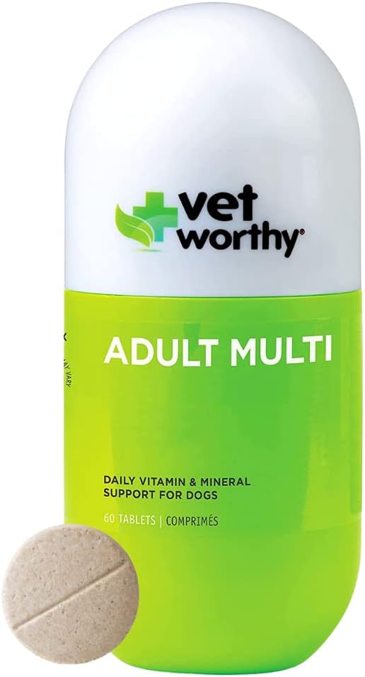Vet Worthy Adult Multi Vitaminas - Multivitamínico para perros para soportar salud óptima y bienestar general - Suplemento de perros con hierro, magnesio, zinc, vitamina A, vitamina B - sabor vivo, 60 Tabletas