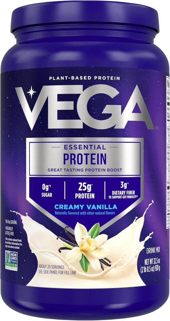 Vega Original Essential Protein - 25g Plant-Based Protein, Creamy Vanilla, 20 Servings, Vegan Non-GMO Drink Mix, Smoothie & Shake Ready, Gluten Free, Dairy Free, 32.5oz (Packaging May Vary)